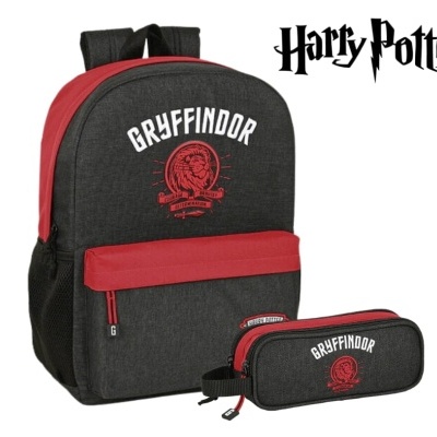 Mochila e estojo Harry Potter Gryffindor cinza escuro e vermelho com texto e símbolo