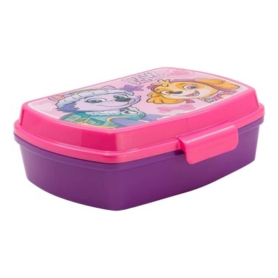 Caixa de plástico para lanche cor roxa com tampa rosa e personagens de desenho animado