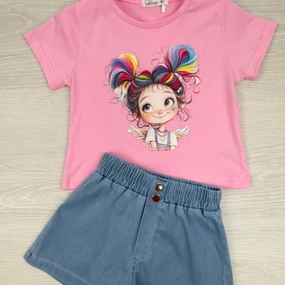Conjunto infantil rosa e azul com estampa colorida e calções de veludo cotelê