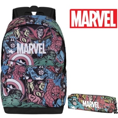 Mochila e estojo Marvel com padrão de personagens coloridos