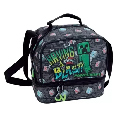 Mochila Minecraft cinzenta com padrão de blocos e texto colorido