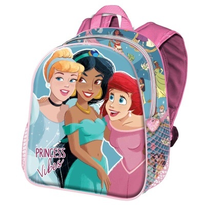 Mochila infantil rosa com personagens femininas de desenho animado e texto PRINCESS Vibes