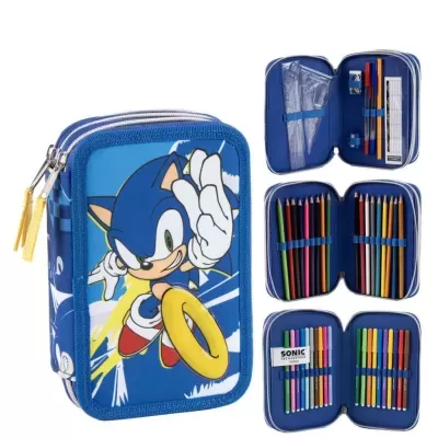 Estojo escolar azul com estampa do Sonic e três compartimentos abertos com material escolar