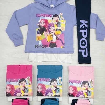 Conjunto roupa infantil hoodie capuz lilás azul rosa estampa anime KPOP leggings escuras