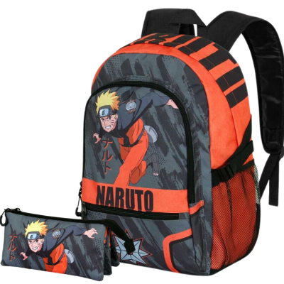 mochila e estojo escolares do Naruto com imagem do personagem e texto