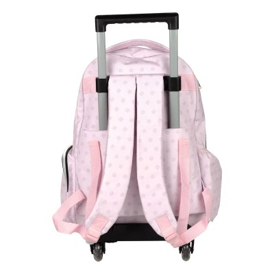 Mochila de rodinhas rosa clara vista de costas