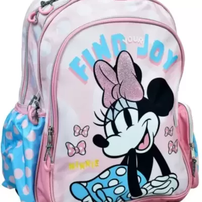 Mochila escolar rosa e azul com estampa da Minnie Mouse e texto FIND YOUR JOY