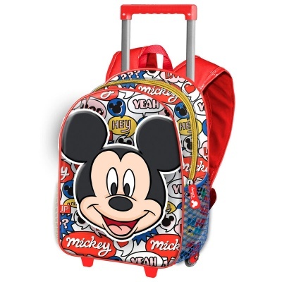 Mochila com carrinho juvenil vermelha com estampa do Mickey e palavras coloridas