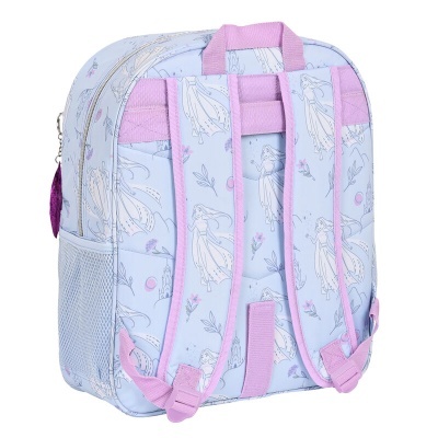 Mochila infantil azul clara com padrão de princesas e flores