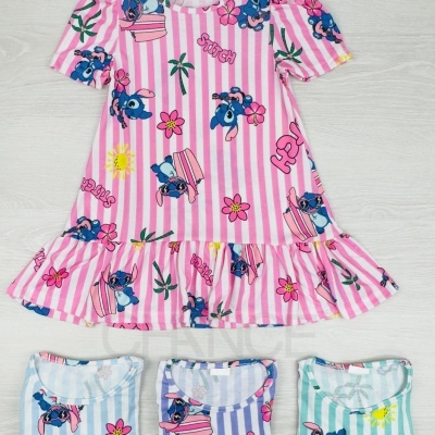 Vestido infantil de algodão com riscas coloridas e personagens Stitch em fundo claro