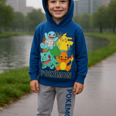 Menino vestindo roupa Pokémon azul com capuz e calças cinzentas ao ar livre junto a rio.
