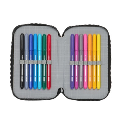 Estojo cinzento com 12 canetas coloridas organizadas por elásticos