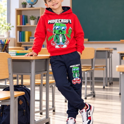 Roupa infantil com capuz vermelha e calças azuis com estampa Minecraft