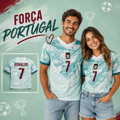 Camisolas de futebol Portugal com número 7 e nome RONALDO, usadas por homem e mulher