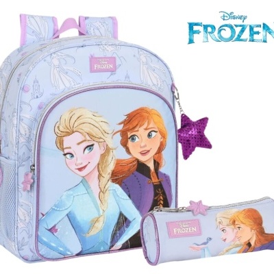 Mochila e estojo Disney Frozen com imagens de Elsa e Anna em roxo
