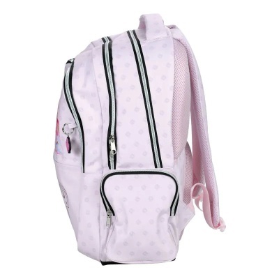 Mochila cor-de-rosa com três fechos de correr e bolso frontal
