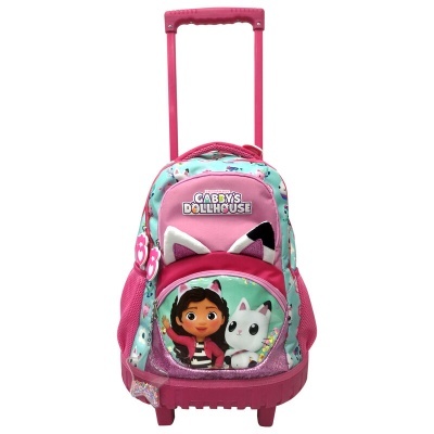 Mochila de carrinho infantil rosa e verde água com estampa de personagem e texto Gabby's Dollhouse
