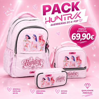 Pack escolar HUNTRIX rosa com mochila, lancheira e estojo com imagens de personagens femininas