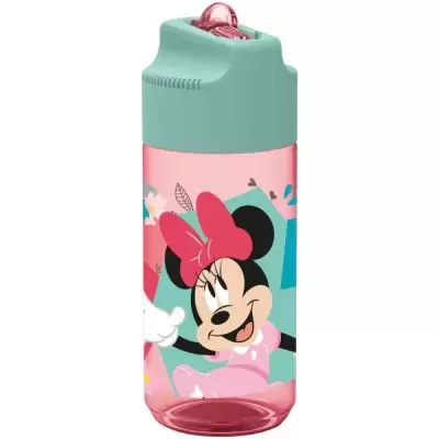 Garrafa plástica rosa com tampa verde água e desenho da Minnie Mouse