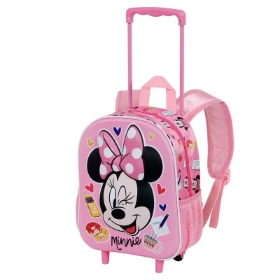 Mochila cor-de-rosa com puxador e alças, decorada com Minnie Mouse e detalhes coloridos