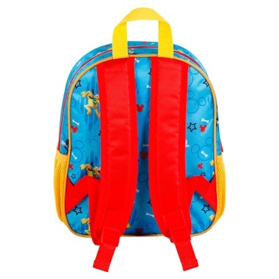 Mochila infantil azul com padrões coloridos e alças vermelhas