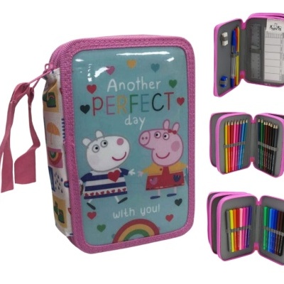 Estojo escolar retangular com decoração colorida e fecho roxo