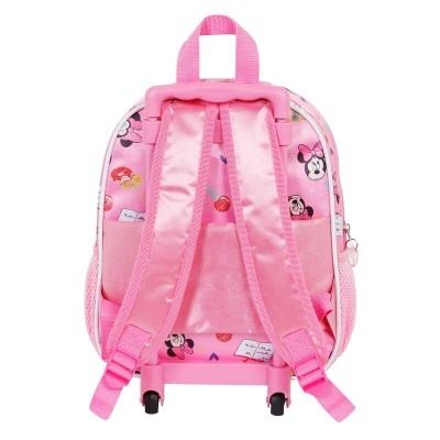 Mochila de rodinhas cor-de-rosa com estampas da Minnie vista de costas