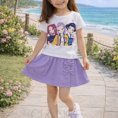 Menina com vestido branco e lilás em passeio à beira-mar