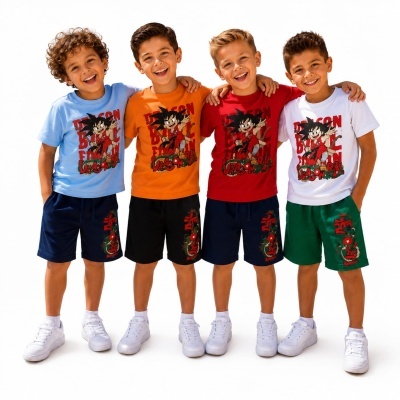 Quatro meninos em pé com camisetas e calções temáticos de Dragon Ball com ténis brancos