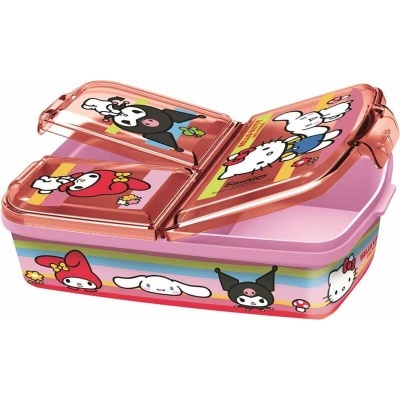 Lancheira rosa com personagens Hello Kitty e texto HELLO KITTY