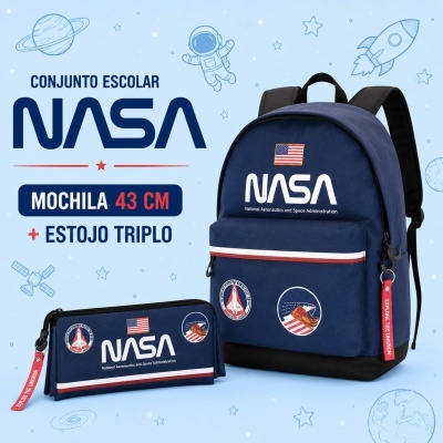 Conjunto escolar mochila e estojo triplo NASA azul com estampas e etiquetas vermelhas
