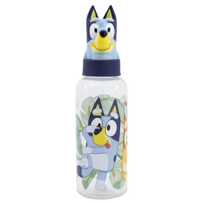 Garrafa de plástico transparente com tampa decorativa de cão azul.