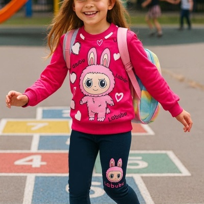 Menina com casaco rosa e leggings azuis com personagem Labubu, mochila colorida, boné rosa e sapatilhas brancas num jogo de amarelinha.