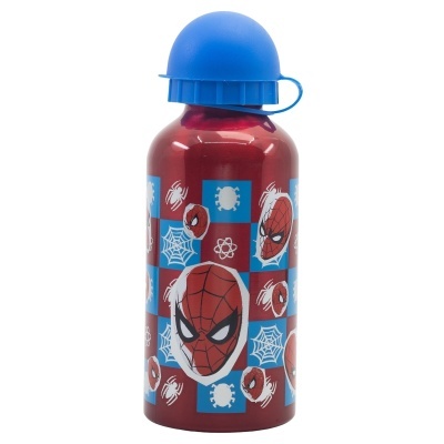 Garrafa metal vermelha com tampa azul e desenhos do Homem-Aranha
