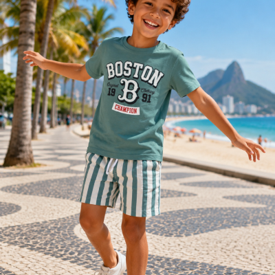 Menino com t-shirt BOSTON e calções de riscas junto à praia com palmeiras