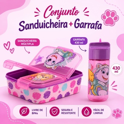 Conjunto sanduicheira múltipla e garrafa 430 ml decorados com desenhos de cães animados em fundo rosa.