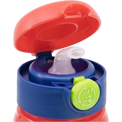 Garrafa desportiva vermelha com tampa azul e botão verde dos Vingadores