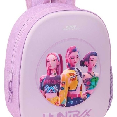 Mochila cor-de-rosa com personagens anime e texto KPOP DEMON HUNTERS e HUNTRX