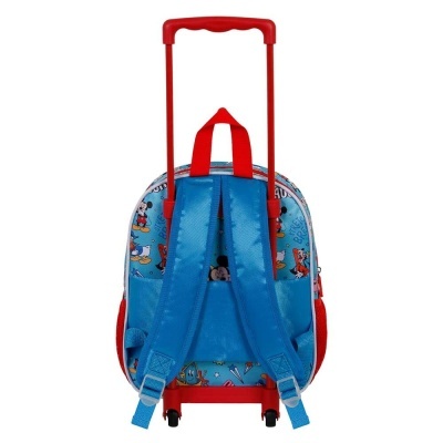 Mochila azul com rodas e alças azuis, padrão de desenhos animados, haste vermelha