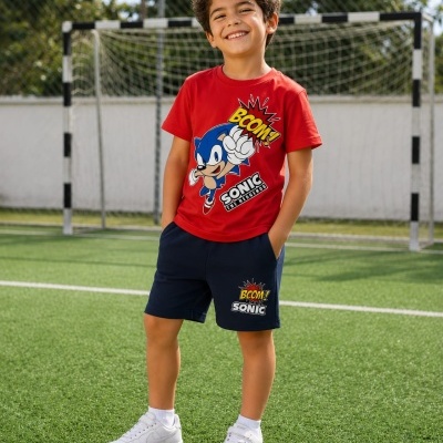 Menino com camisola vermelha e calções azuis estampados com Sonic em campo de futebol.