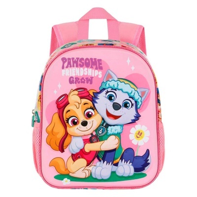 Mochila infantil rosa com desenhos de cães animados e texto na frente