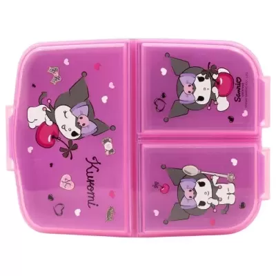 Caixa de lancheira cor-de-rosa com personagens Kuromi e corações
