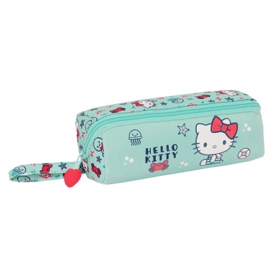 Estojo escolar Hello Kitty verde água com fecho de correr vermelho e padrão temático