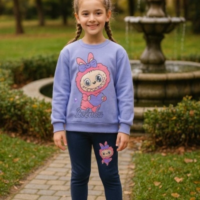 Menina com conjunto de roupa casual lilás e azul escuro com estampa de personagem rosa e roxo em parque