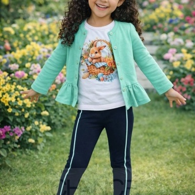 Menina sorridente no jardim com roupa colorida e sapatilhas brancas.