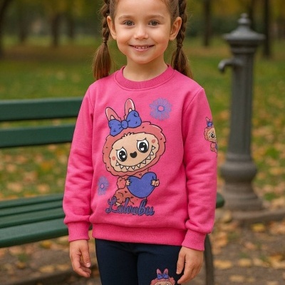 conjunto infantil cor de rosa e azul com personagem cartoon e palavra Lalambu