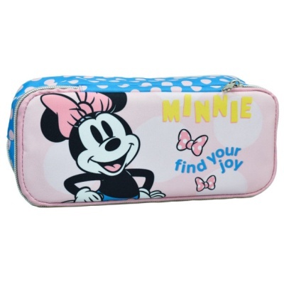 Estojo rosa e azul com desenho da Minnie Mouse e texto find your joy