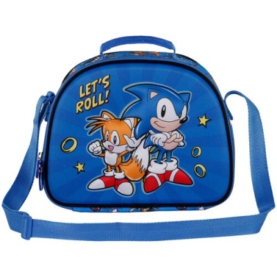 Bolsa azul infantil com os personagens Sonic e Tails e texto LET'S ROLL