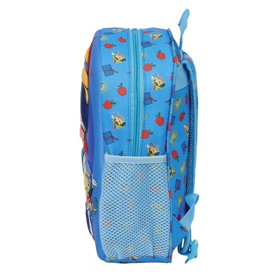 Mochila azul com padrão colorido e bolso lateral em rede