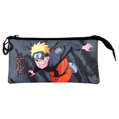 Estojo escolar com imagem do personagem Naruto em fundo cinza e preto.